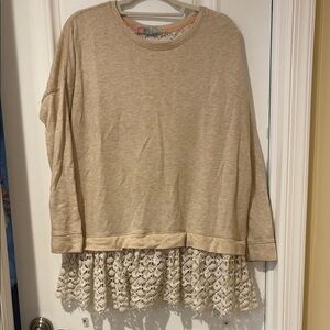Free People Tan Lace Hem Sweatshirt